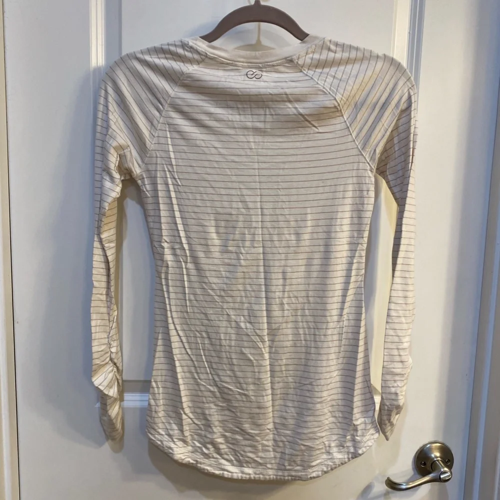 CALIA Everyday Long Sleeve white with Lavender stripes, ruched sleeves - Picture 5 of 6